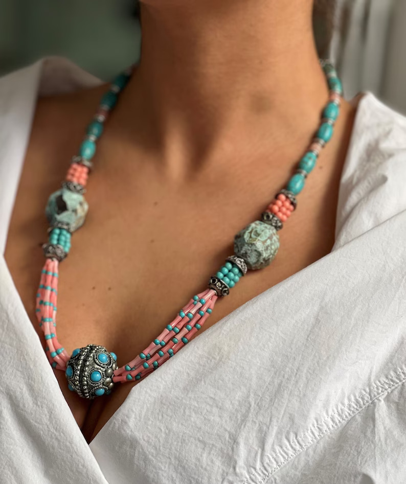 Dabador - JewelCraft Studio - Stunning Berber Necklace with Pink Coral, Blue Agate, and Turquoise Accents